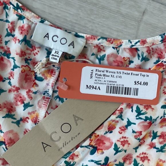 ACOA Collection Floral Woven S/S‎ Twist Front Top Pink/Blue XL Nwt - Picture 3 of 4